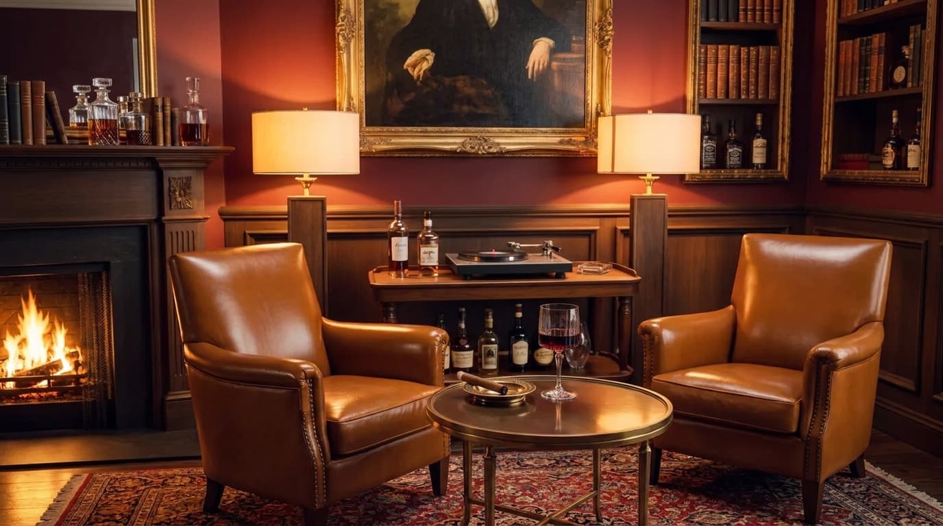 luxury cigar lounge with leather chairs, wooden humidor, bar cart, and warm dim lighting