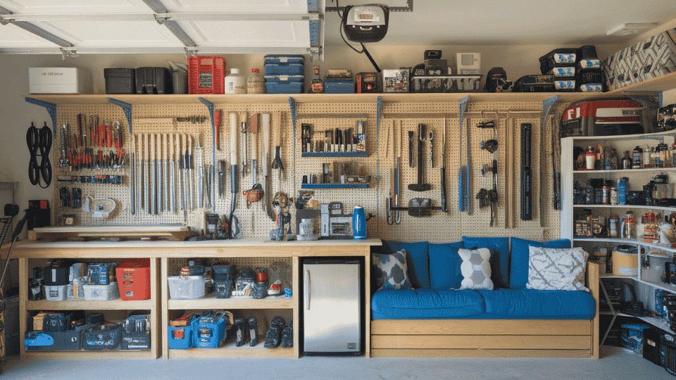 maker garage with tool zones, shelves, seating and organized workspace