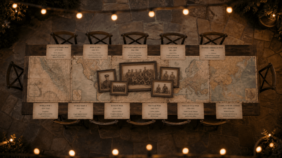 map runner table with conflict place cards at each seat aged paper top down patio dusk