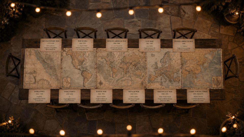 map runner table with conflict place cards at each seat aged paper top down patio dusk
