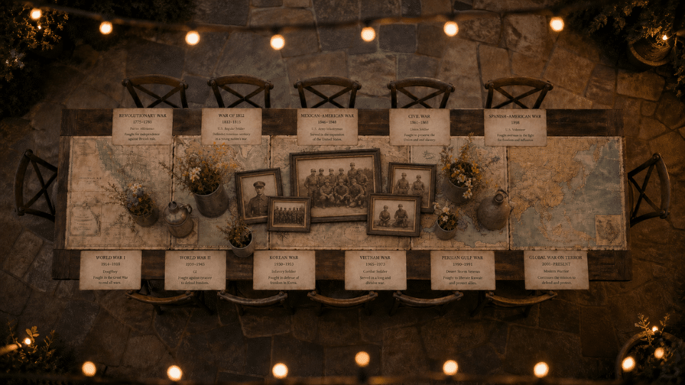 map table with metal cup vases flowers and framed photos with place cards top down patio dusk