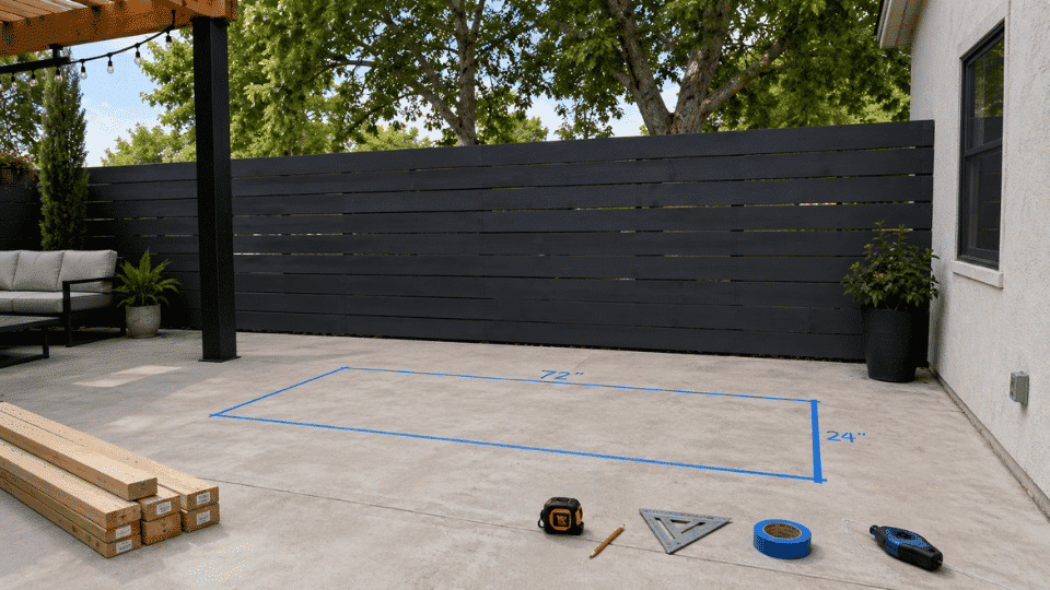 marked patio footprint for diy outdoor bar with lumber and tools nearby