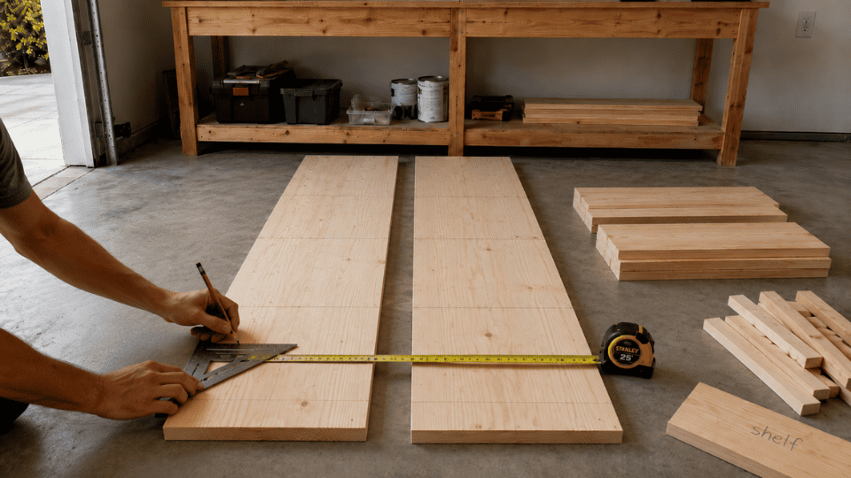 marking shelf placement lines on side panels for a handmade wooden bookshelf