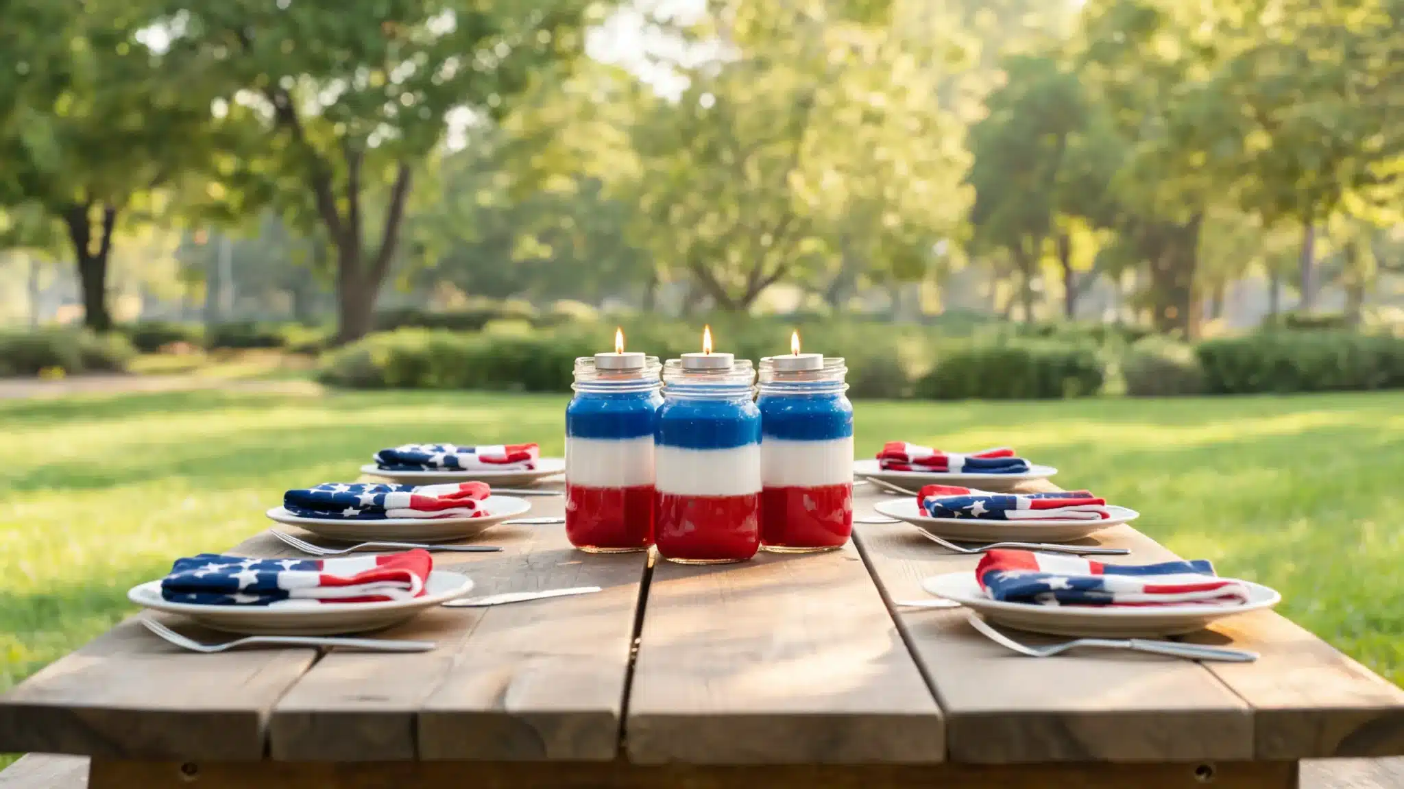mason jar lantern centerpiece on picnic table