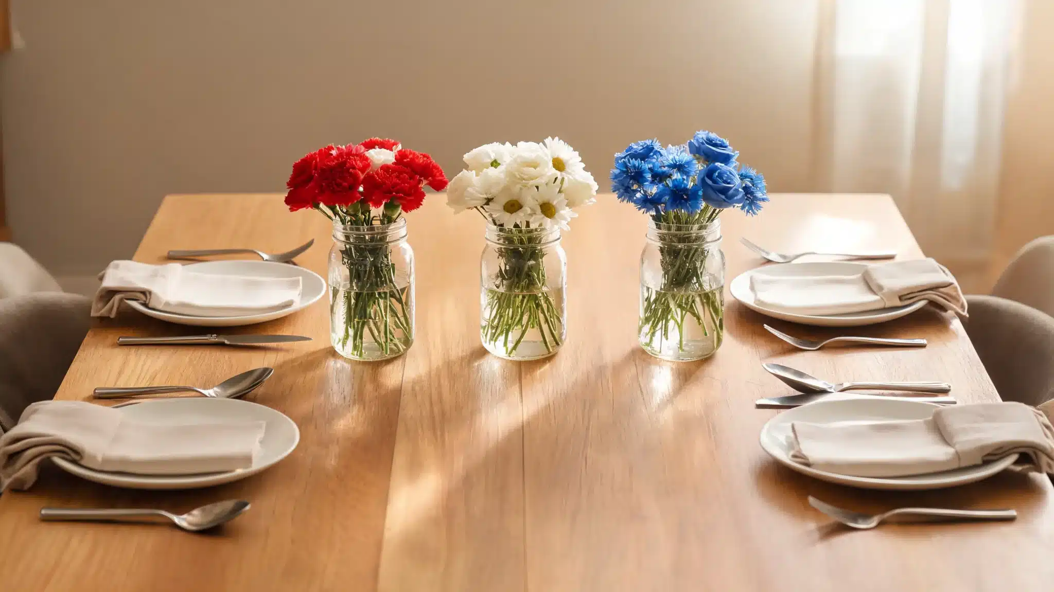mason jars with patriotic flowers centered on dining table