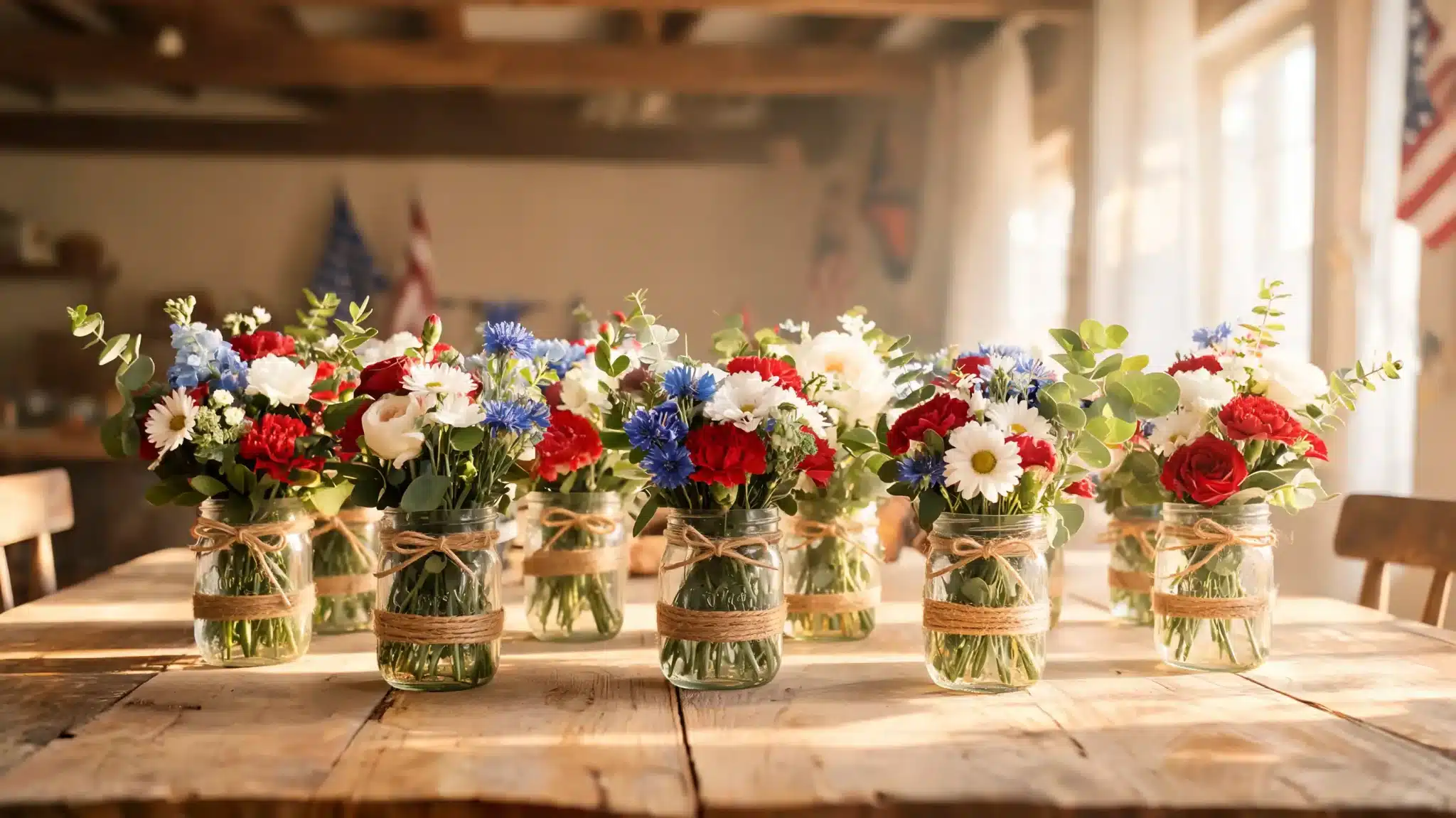 mason jars with patriotic flowers on table