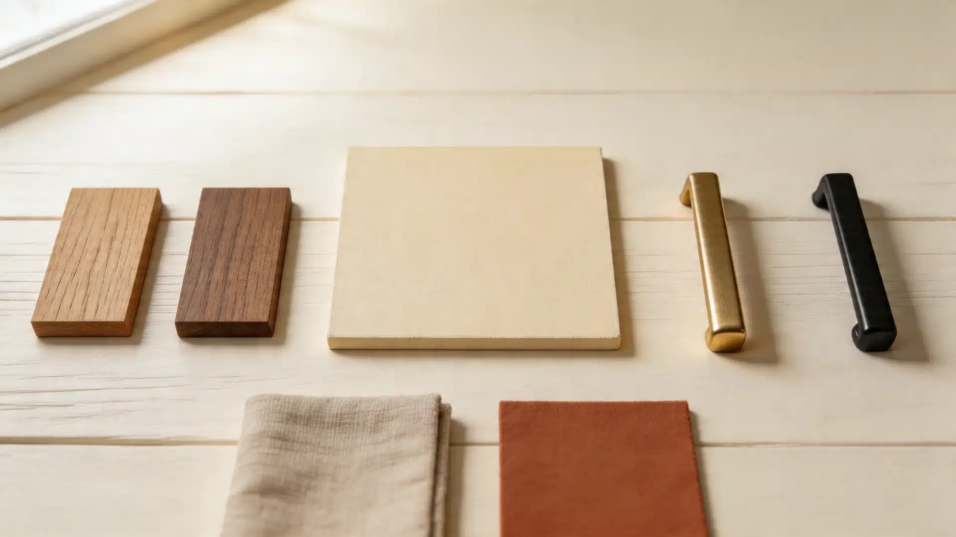 material samples pairing with sherwin-williams creamy, oak, walnut, brass, matte hardware, linen, and fabric swatches