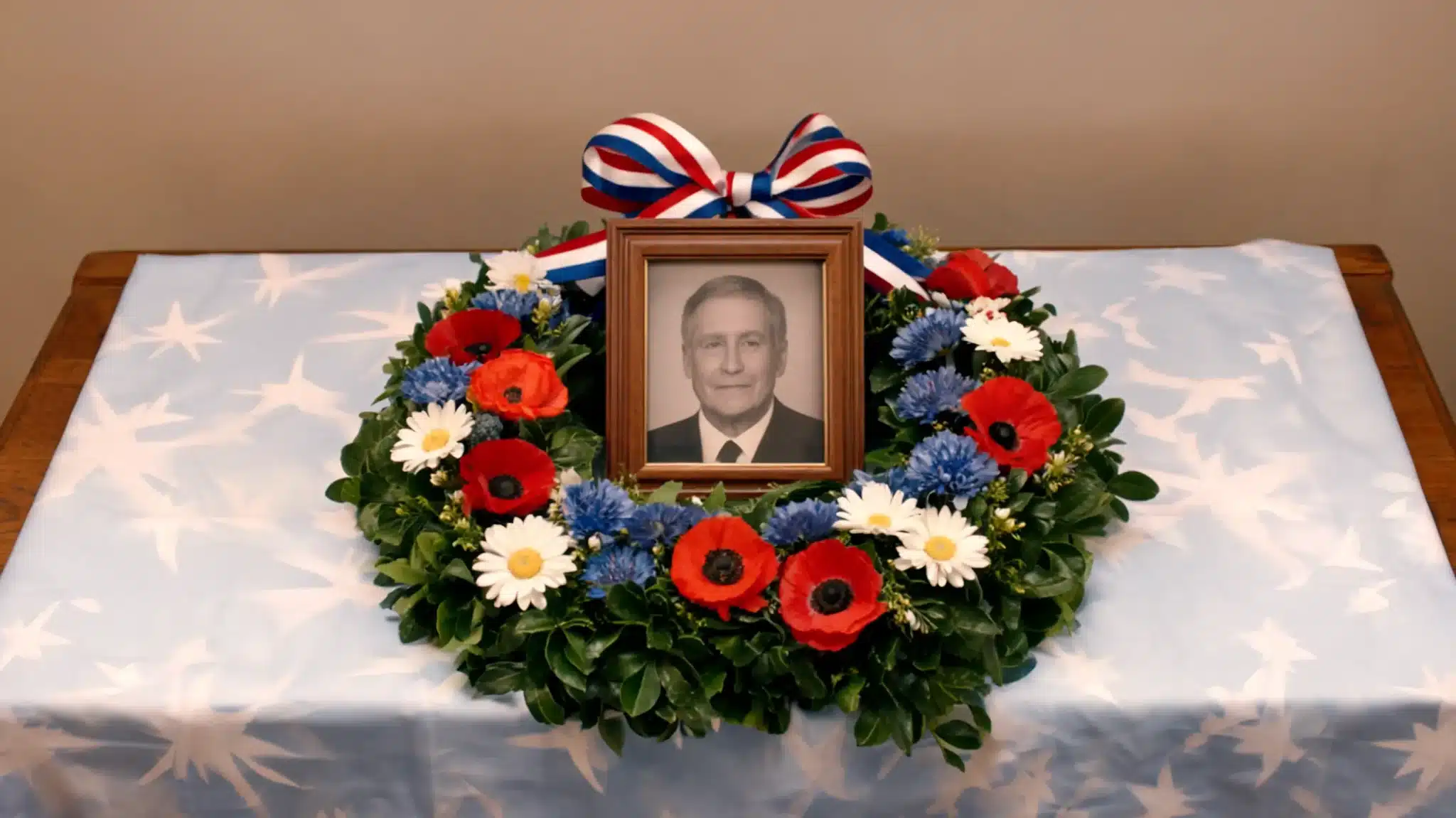 memorial wreath with photo frame and patriotic flowers for tribute display