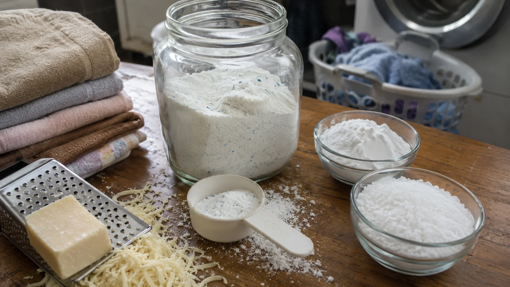Messy homemade DIY powder laundry detergent with soap and scoop