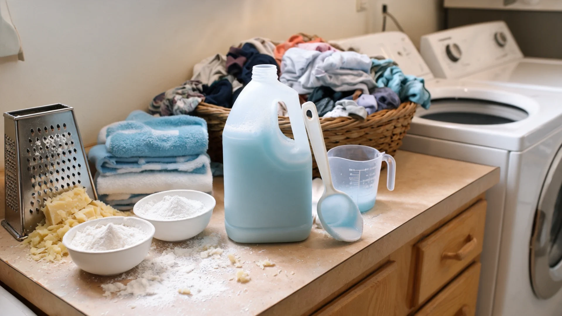messy homemade liquid laundry detergent setup with soap, bucket, tools