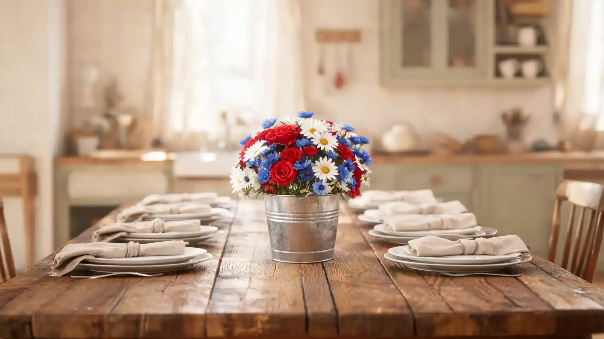metal bucket floral centerpiece on rustic dining table