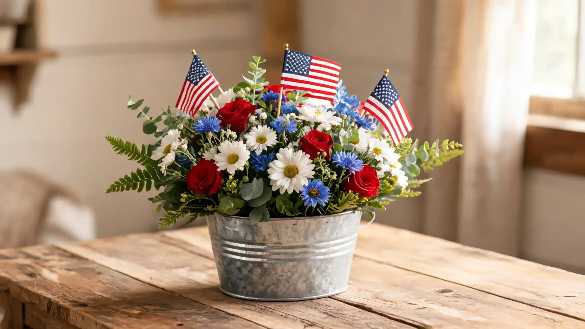 metal bucket with patriotic flowers