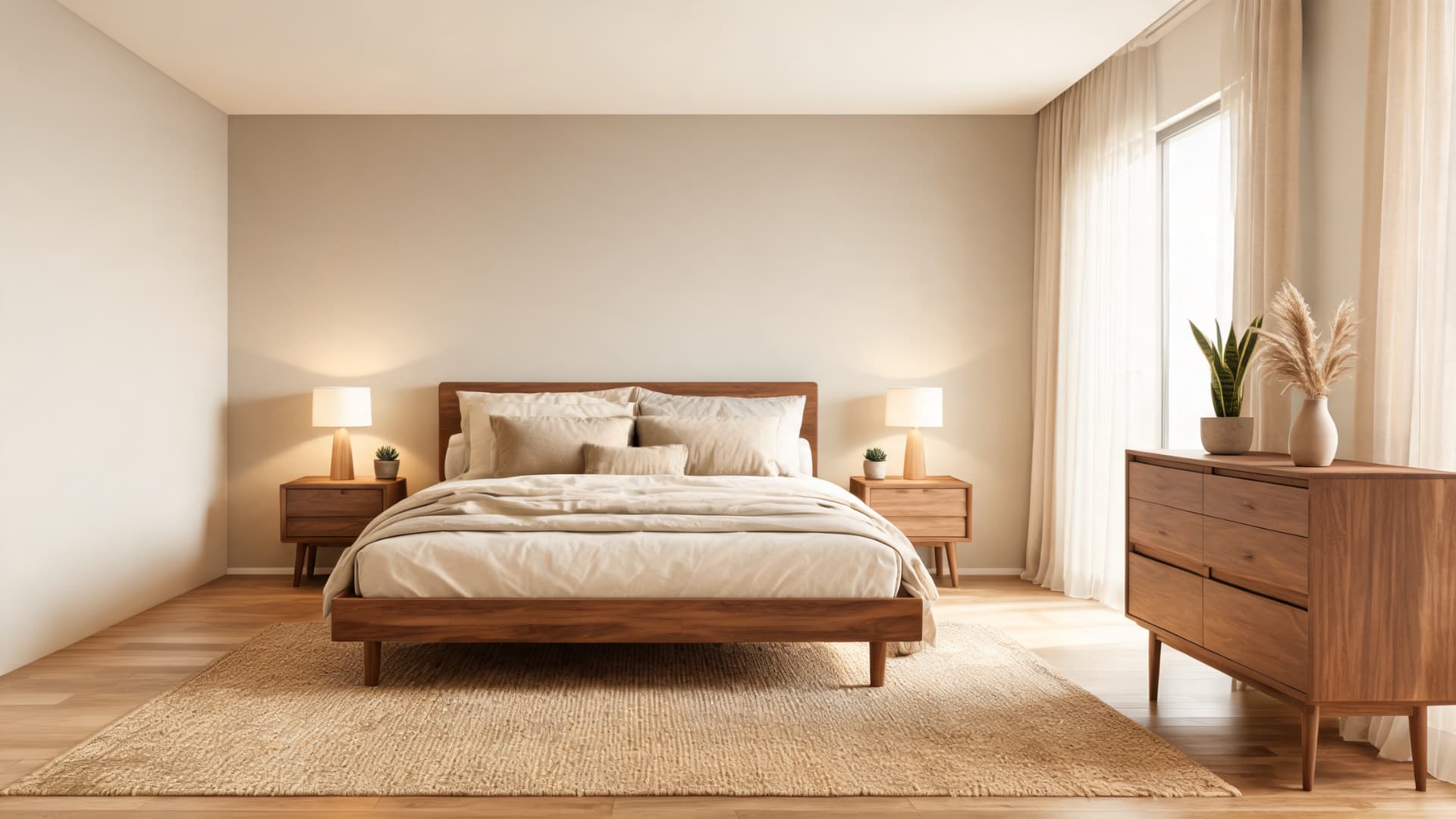 mid century modern bedroom with low wood bed, matching nightstands, dresser, soft lighting, and neutral tones