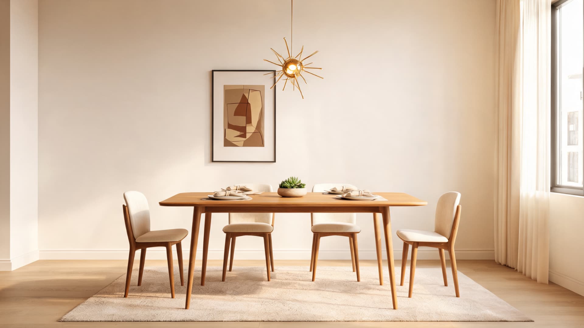 mid century modern dining room with wood table, tapered chairs, pendant light, soft rug, and wall art