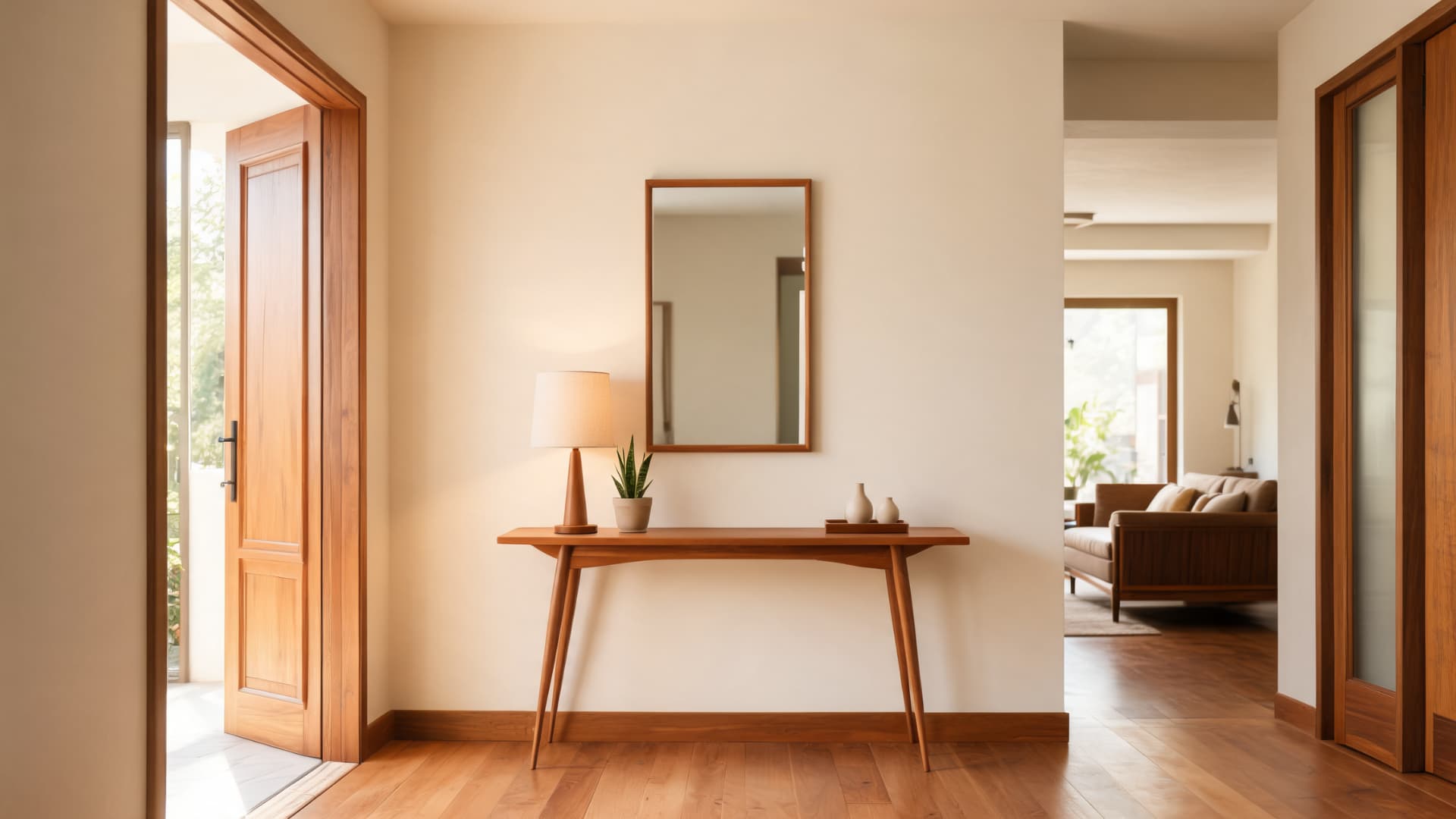 mid century modern entryway with slim wood console, mirror, lamp, plant, and warm natural light