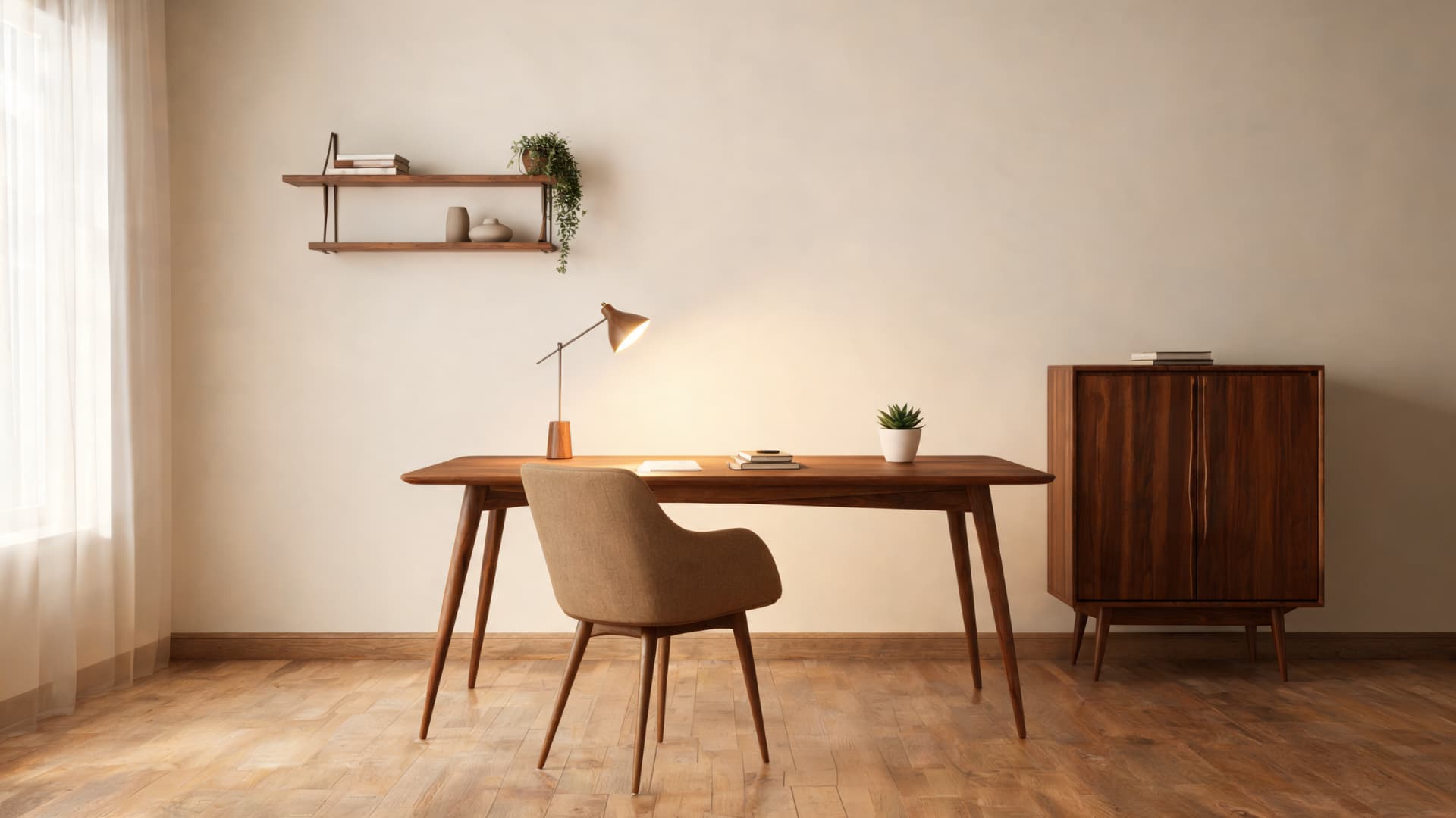 mid century modern home office with wood desk, task chair, open shelf, storage cabinet, and warm light