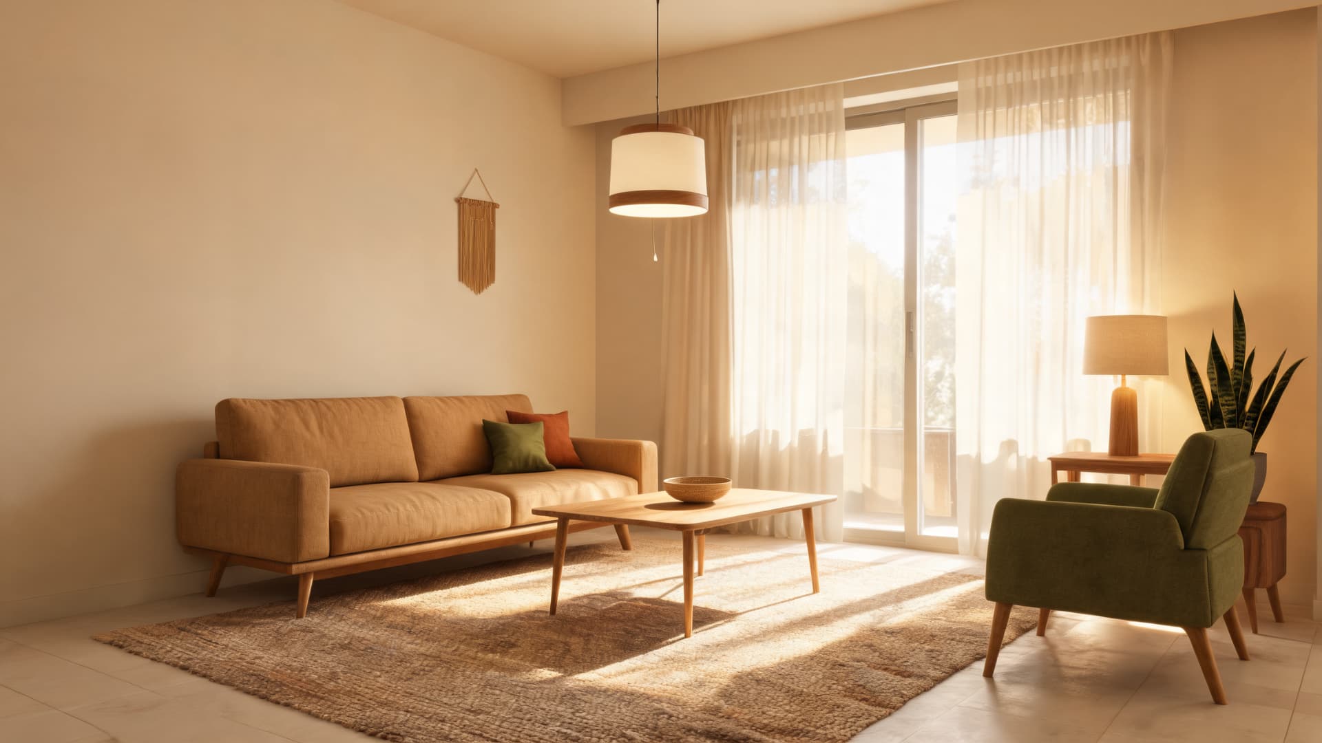 mid century modern living room with low sofa, wood table, accent chair, warm light, and textured rug