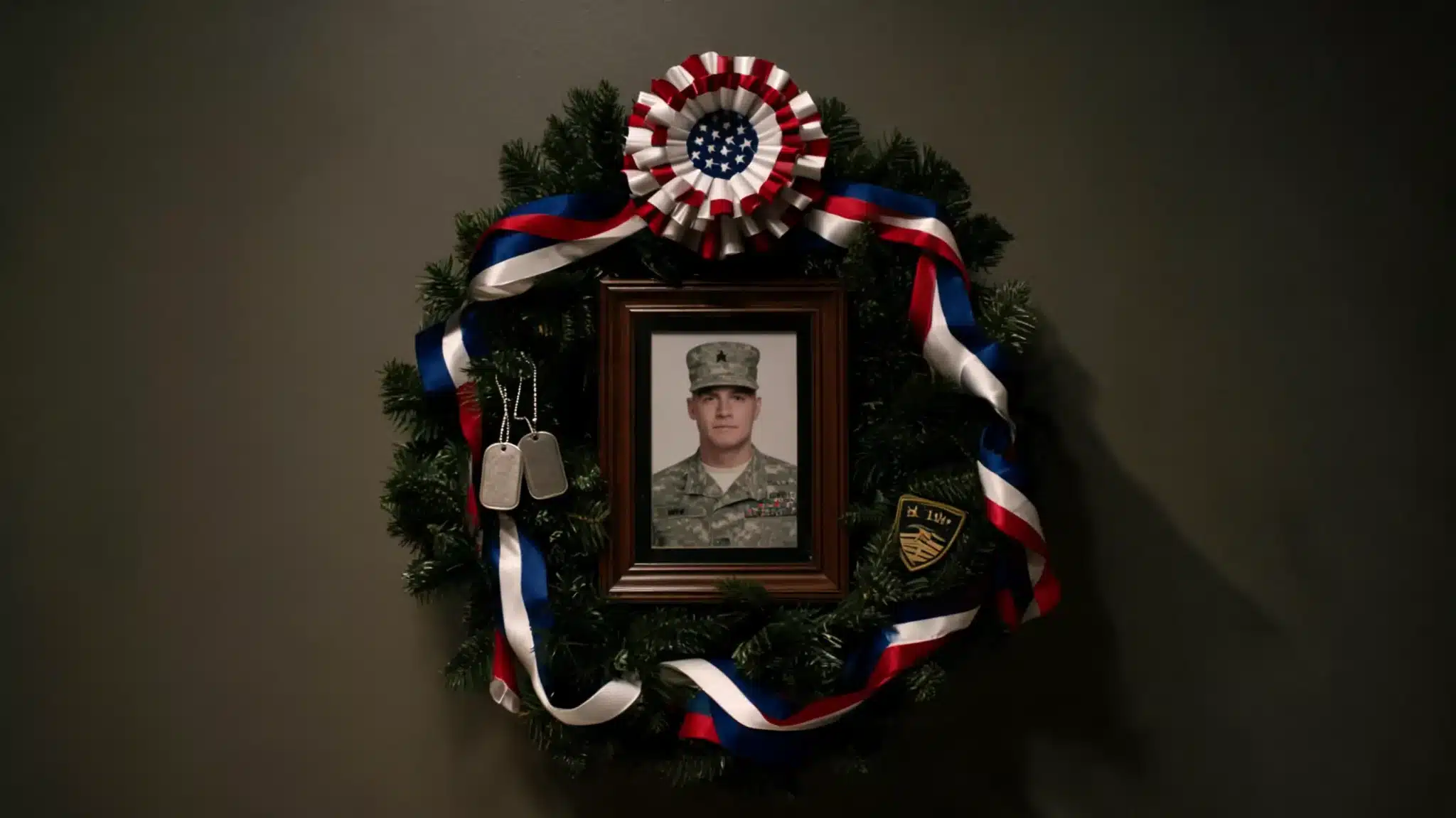 military tribute wreath with dog tags, ribbon, and photo for memorial day remembrance