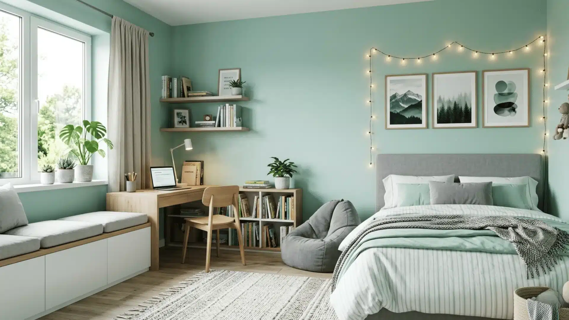 mint green room you described, designed as a cool and relaxing retreat perfect for homework, reading,