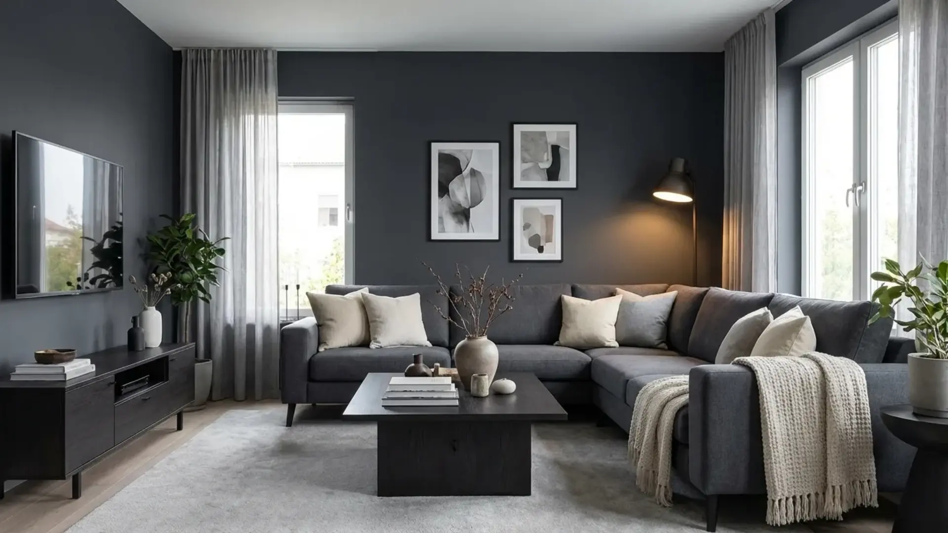 modern living room with a gray sectional sofa and dark accent walls featuring inkwell in the living room
