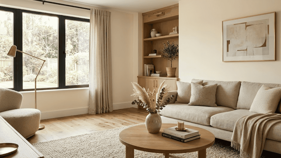 modern living room with creamy walls, beige sofa, wood floors, and warm brass accents in natural light