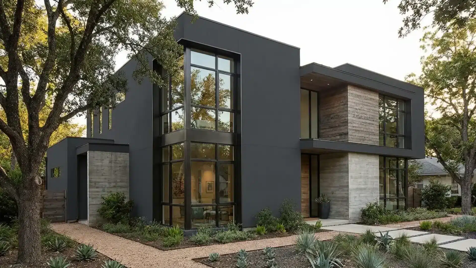 modern luxury home with dark gray siding, wood accents, and large windows featuring inkwell for exterior