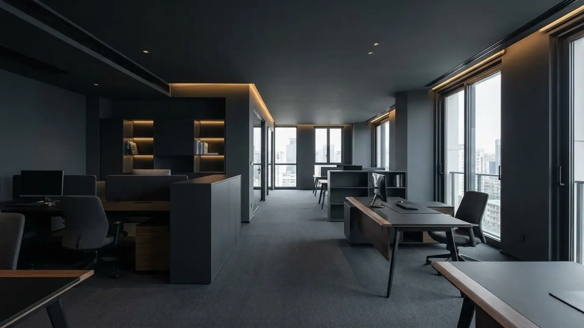 modern moody workspace with dark charcoal walls and warm ambient lighting featuring inkwell in the office