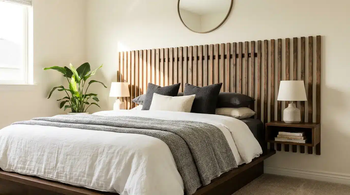 modern slatted wood headboard with dark finish and evenly spaced vertical wooden panels