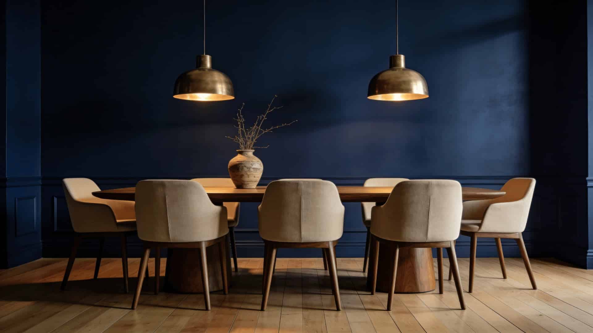 moody dining room with deep navy accent wall and light oak hardwood floors with warm pendant lighting overhead