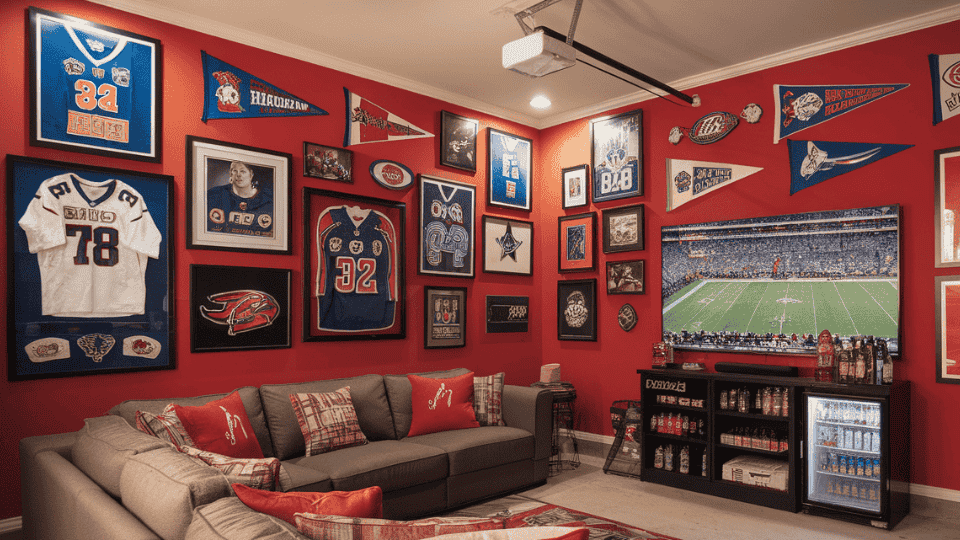 multi sport garage man cave with tv screens, seating zones, sports gear and scoreboard (1)