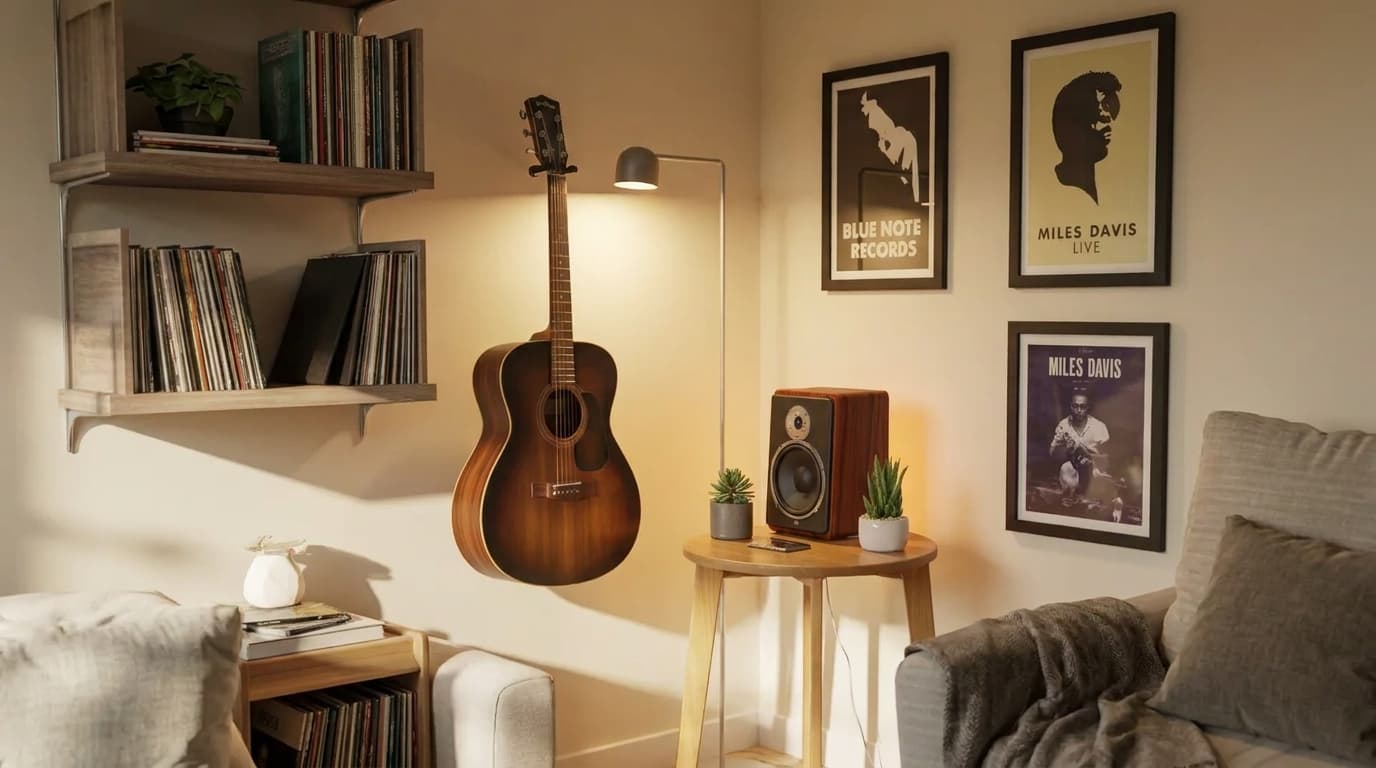 music corner with wall-mounted guitar, vinyl records, speaker, and artist posters in a cozy setup