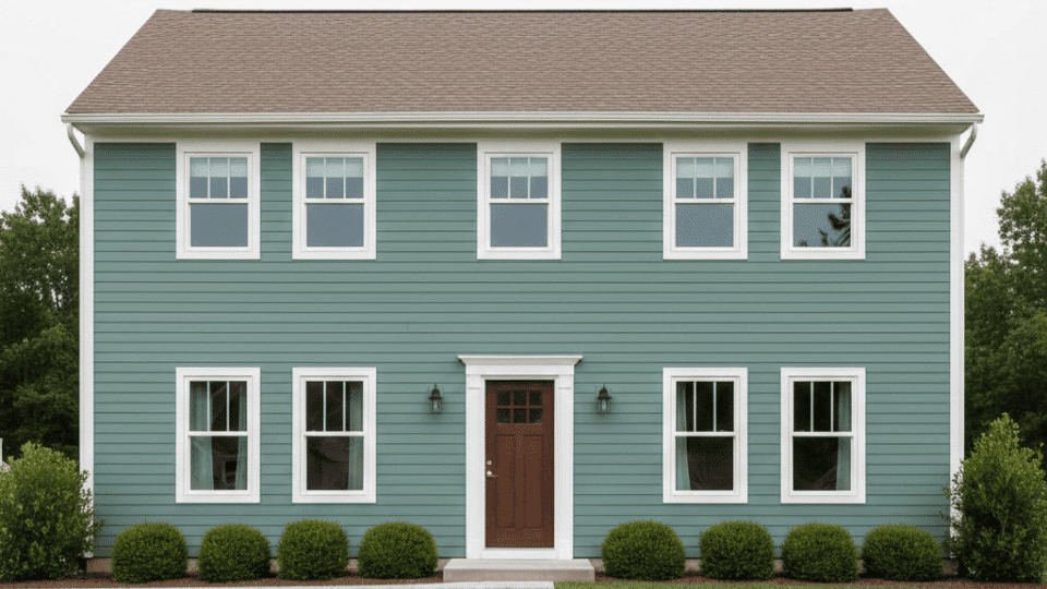 Muted teal two story home with brown roof, white trim, centered wood door, and neat green lawn