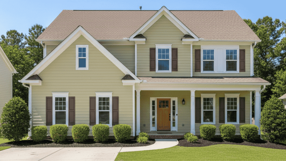 Muted yellow siding with brown roof, white trim, brown shutters, and neat lawn in bright daylight