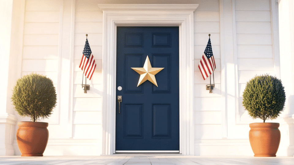 navy front door with gold star two flags and rosemary topiary pots in soft morning light