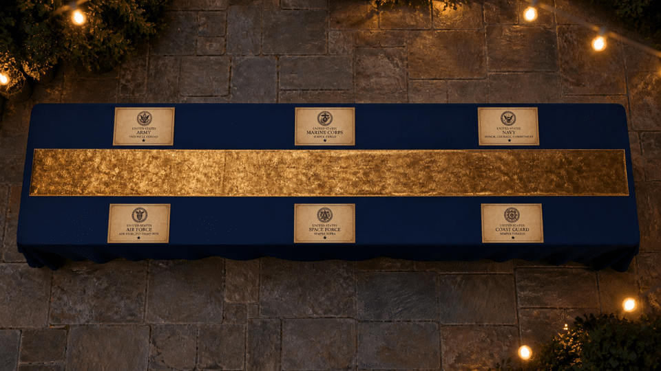 navy table gold runner with six branch seal place cards evenly spaced top down patio dusk