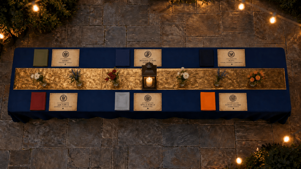 navy table with lantern and small vases along runner with place cards and napkins top down