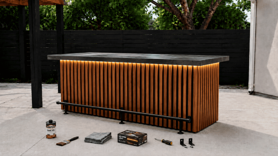 nearly finished outdoor bar with stained slats foot rail and led glow