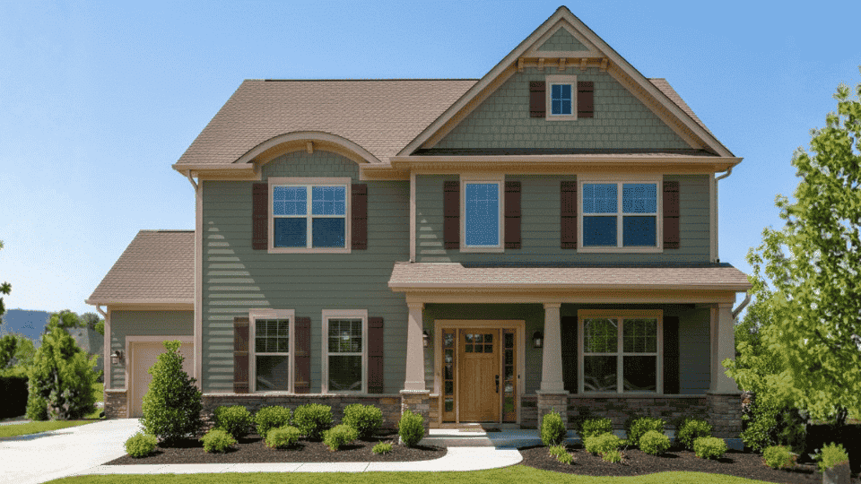 Olive green siding with dark brown roof, tan trim, wood door, and brown shutters in bright sunlight