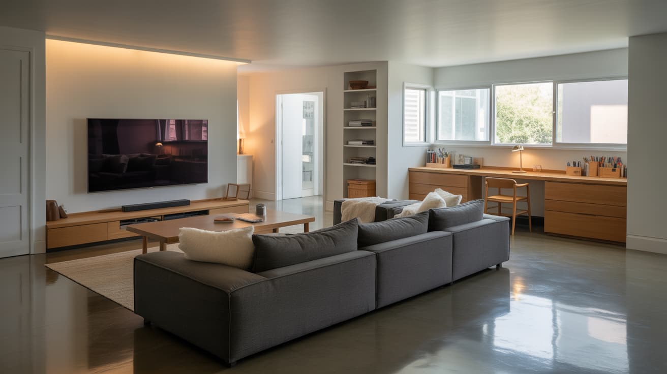 open room with sofa and tv on one side and a separate workspace area, furniture arranged to create distinct zones