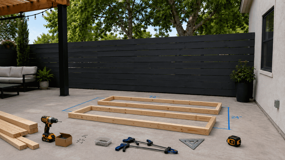 open timber frame for diy outdoor bar assembled on backyard patio
