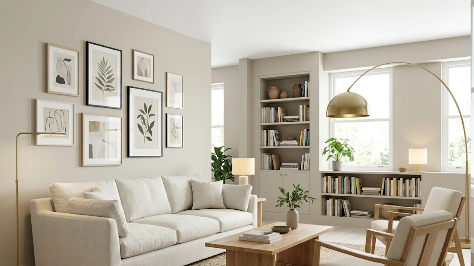 open well-lit space with neutral furniture, white trim, light wood flooring, and minimal decor