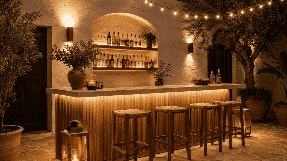 outdoor bar at night with string lights lanterns and a warm glow around the space