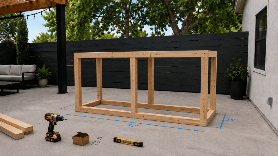 outdoor bar frame with added support rails and tools on patio