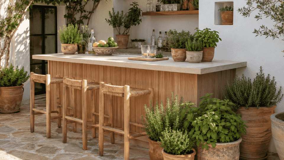 outdoor bar styled with potted herbs in terracotta pots around the counter and stools