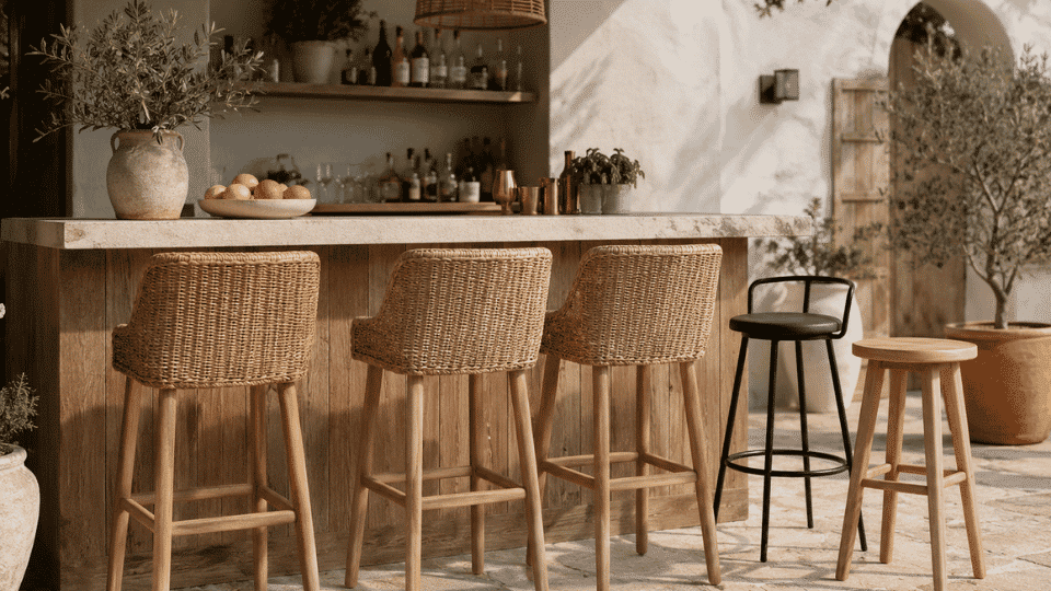 outdoor bar with carefully chosen stools that match the mood and style of the space