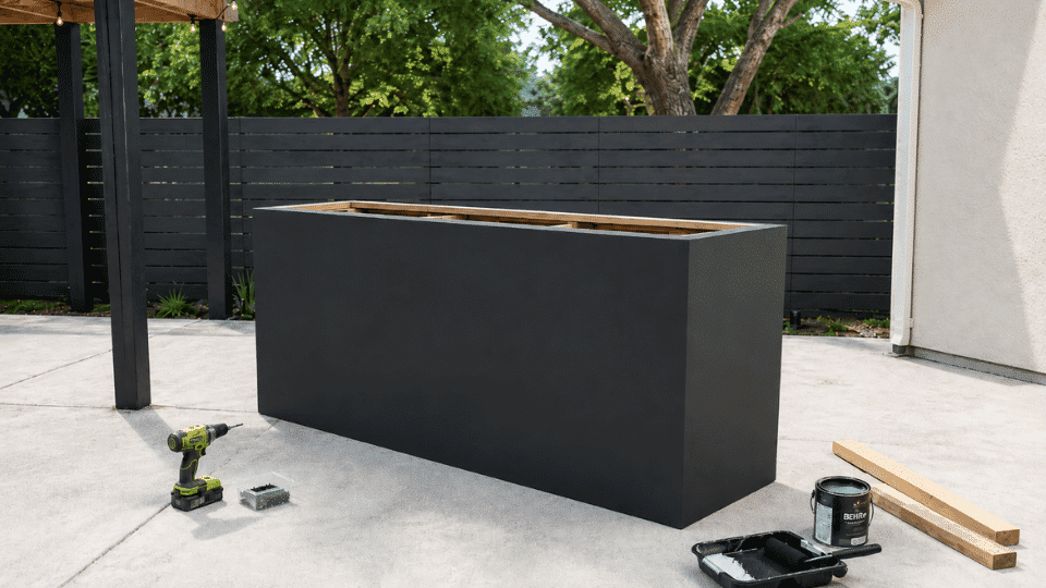 outdoor bar with dark backing panels attached before wood slats