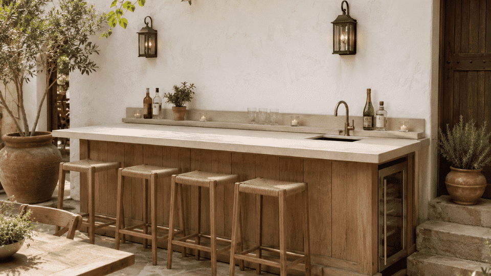 outdoor bar with narrow backsplash ledge holding bottles candles glasses and a plant