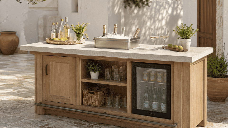 outdoor bar with removable ice bucket on countertop and drinks arranged for serving
