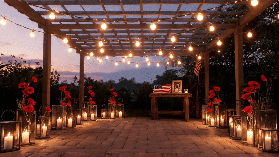 outdoor patio with string lights lanterns candles and memorial table at dusk