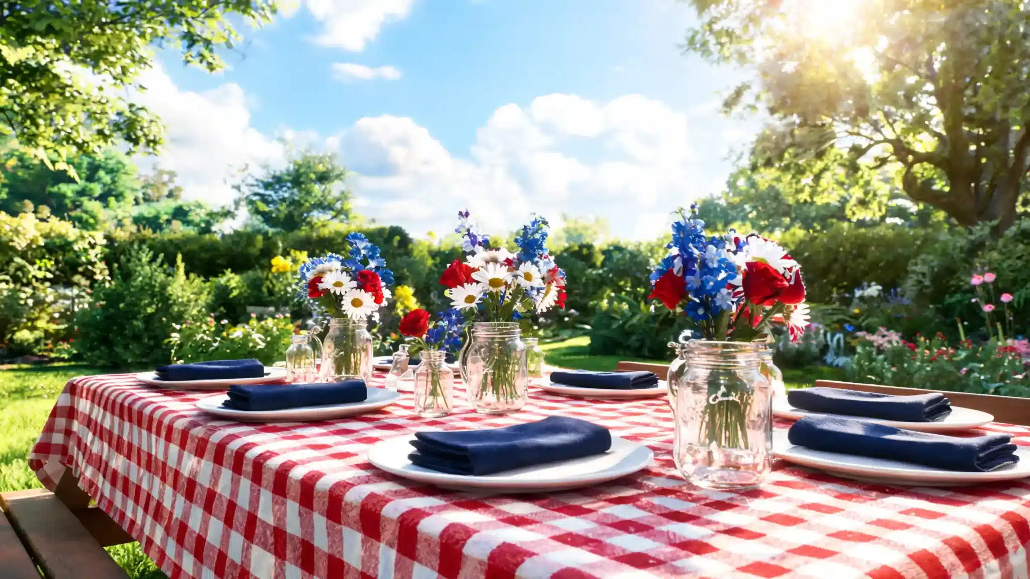 outdoor table with patriotic picnic setup